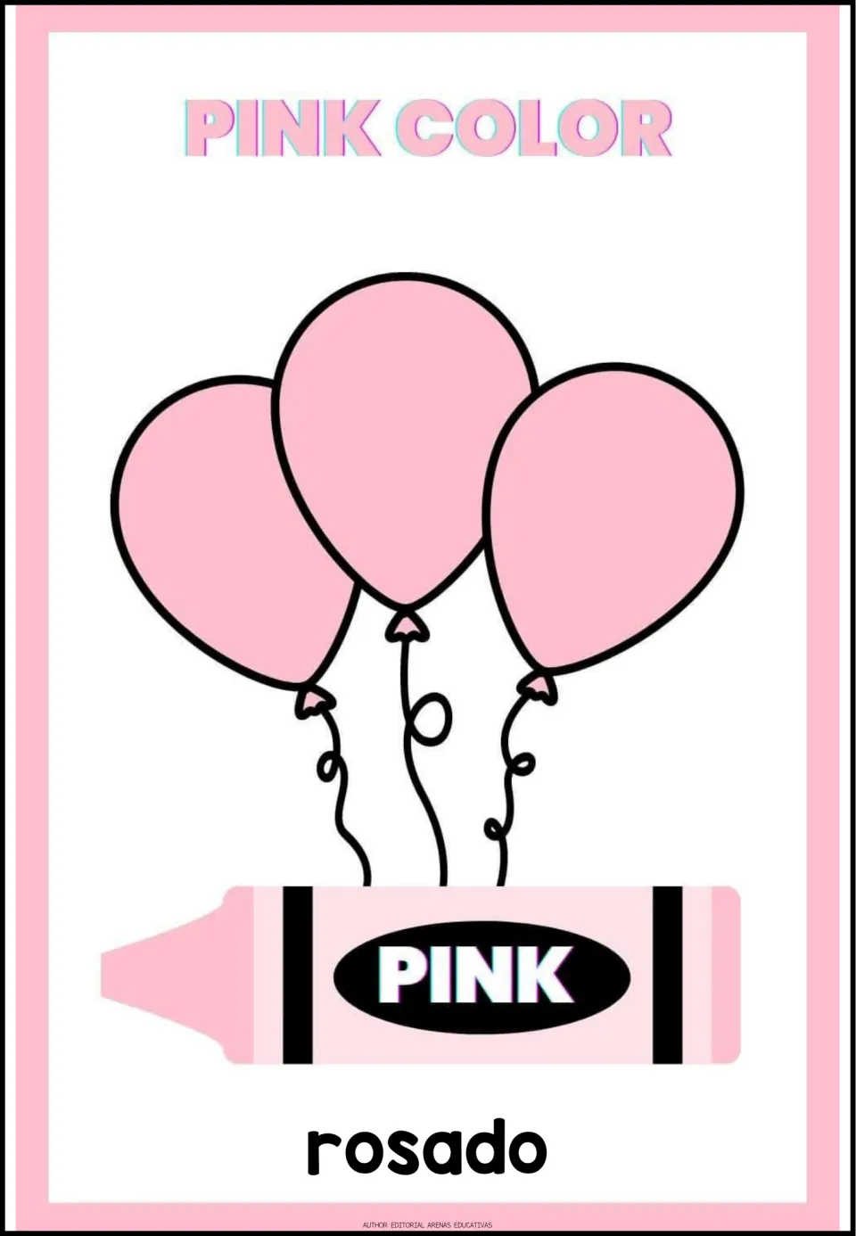 Color poster 3 of 9: rosado (pink), with 'Pink Color', three pink balloons, and a pink crayon