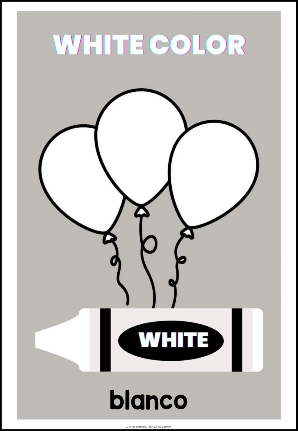 Color poster 5 of 9: blanco (white), with 'White Color', three white balloons, and a white crayon