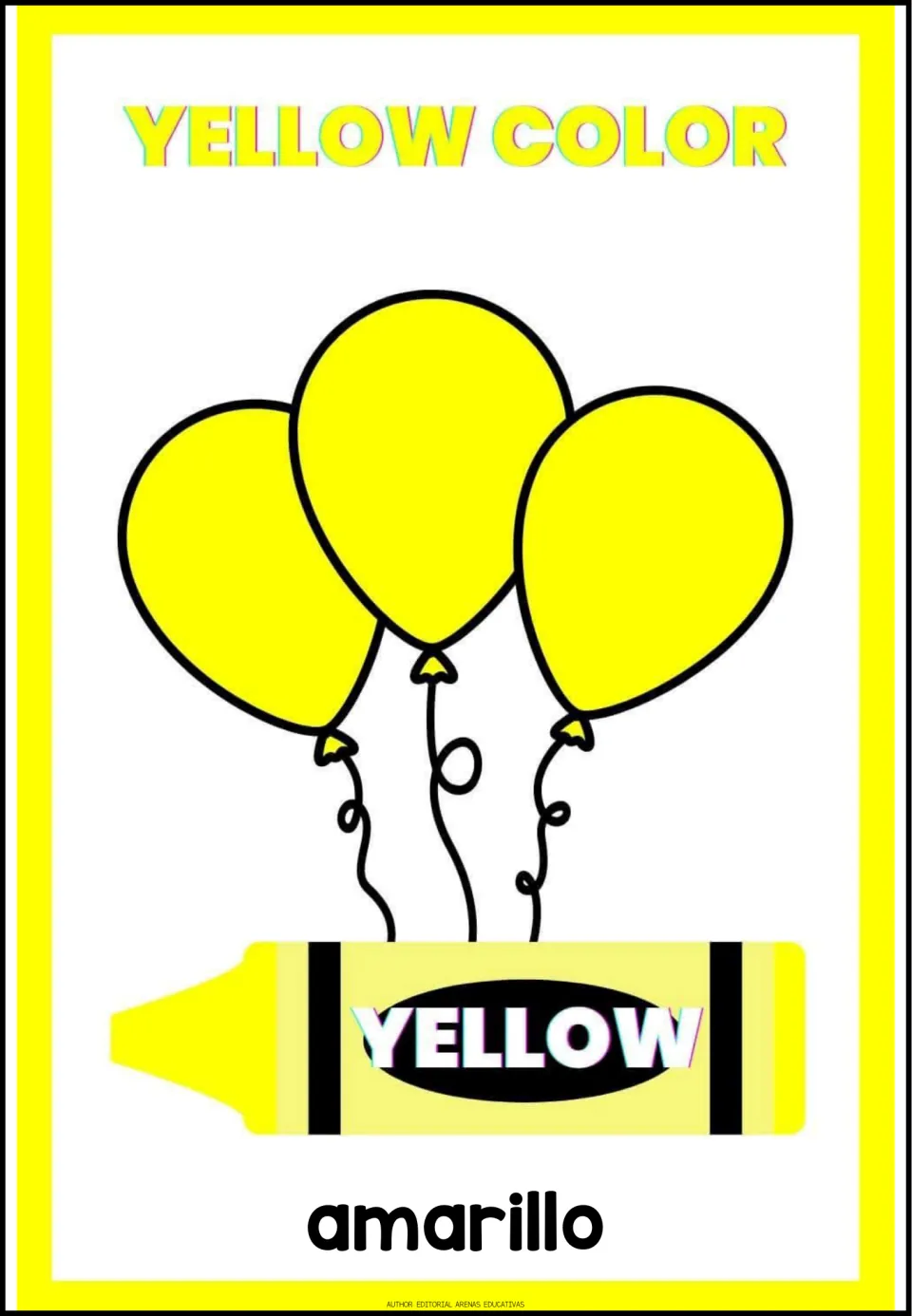 Color poster 6 of 9: amarillo (yellow), with 'Yellow Color', three yellow balloons, and a yellow crayon