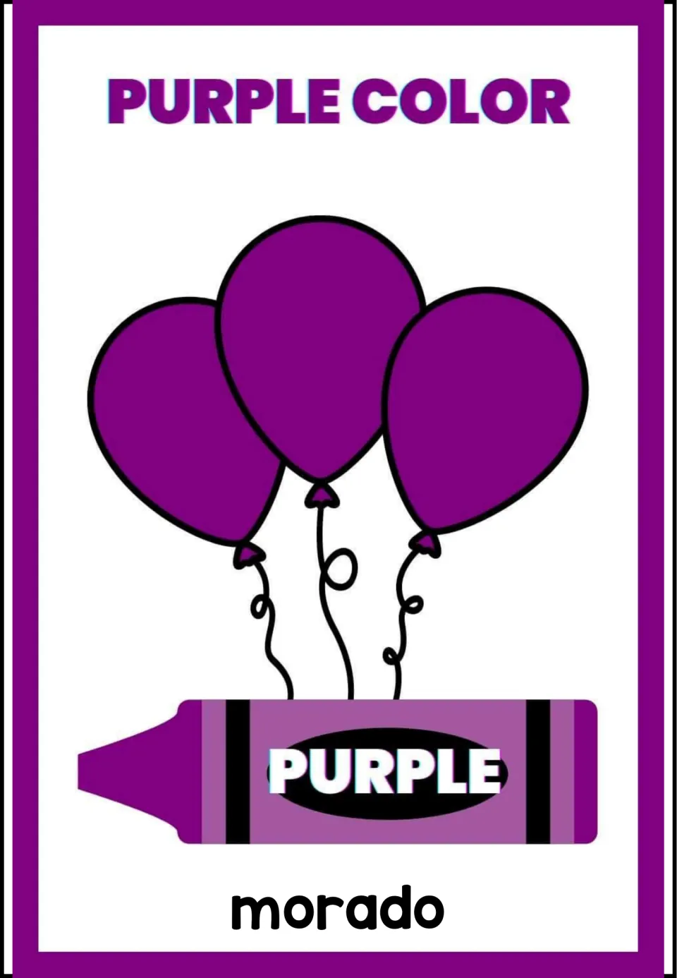 Color poster 7 of 9: morado (purple), with 'Purple Color', three purple balloons, and a purple crayon