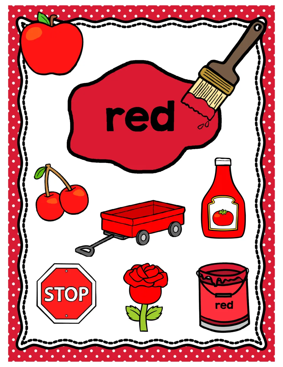 Red color poster: the word red on a paint splash with an apple, cherries, wagon, ketchup, stop sign, rose and a paint can