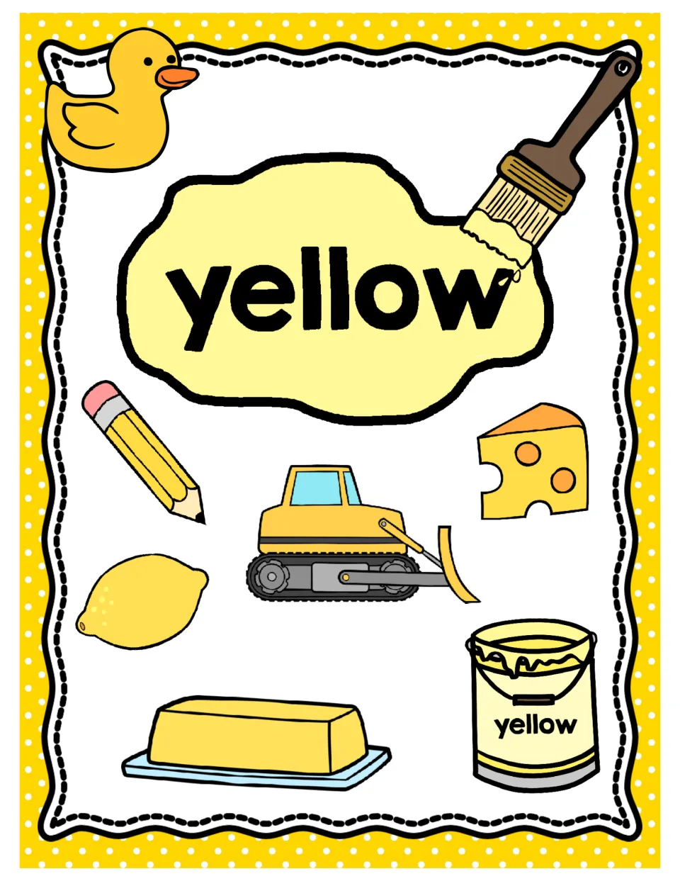 Yellow color poster: the word yellow with a rubber duck, pencil, cheese, bulldozer, lemon, butter and a yellow paint can