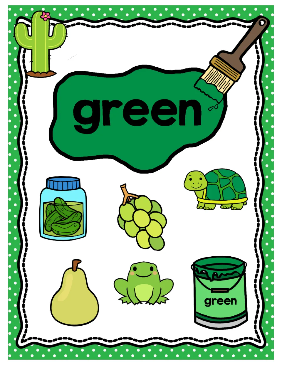 Green color poster: the word green with a cactus, pickle jar, grapes, turtle, pear, frog and a green paint can