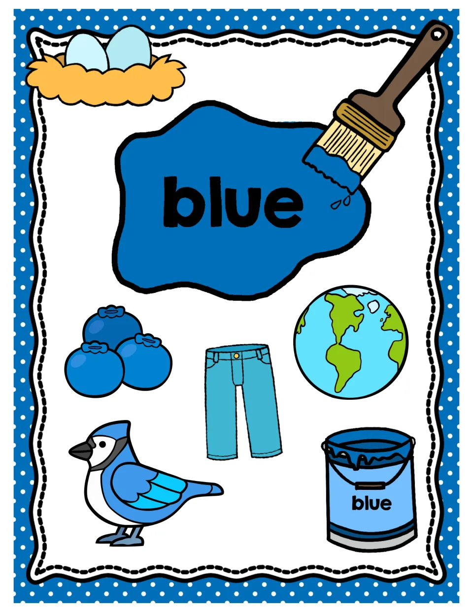 Blue color poster: the word blue with a nest of eggs, blueberries, jeans, Earth, a blue jay and a blue paint can