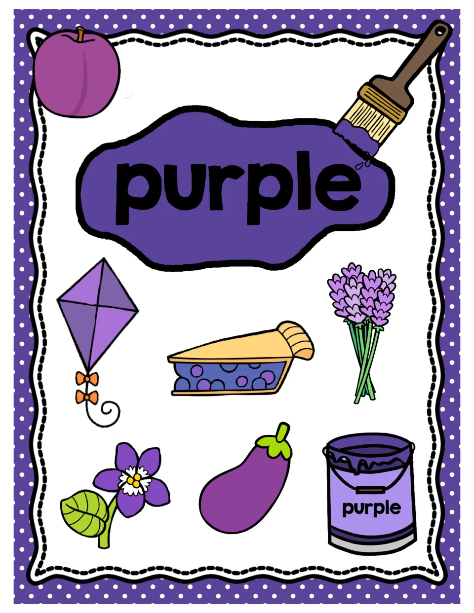 Purple color poster: the word purple with a plum, kite, blueberry pie, lavender, violet flower, eggplant and a paint can