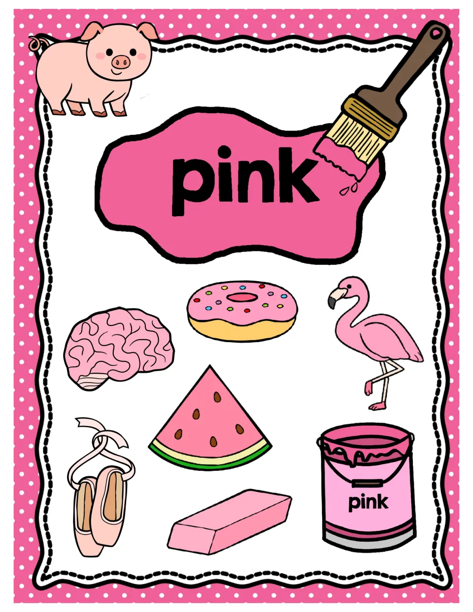 Pink color poster: the word pink with a pig, doughnut, brain, flamingo, watermelon, ballet slippers, eraser and paint can