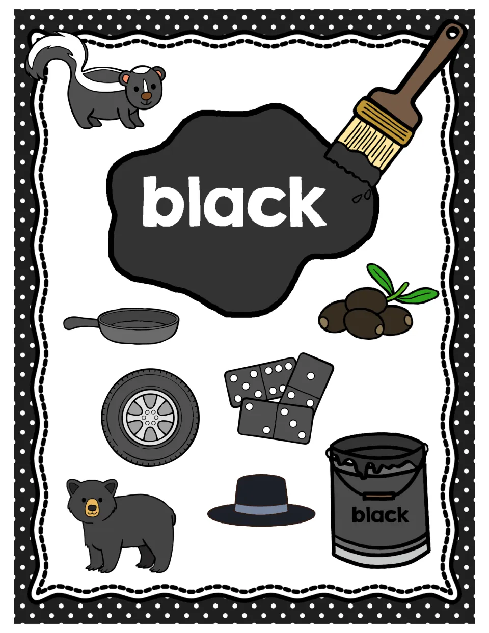 Black color poster: the word black with a skunk, frying pan, olives, tire, dominoes, bear, hat and a black paint can