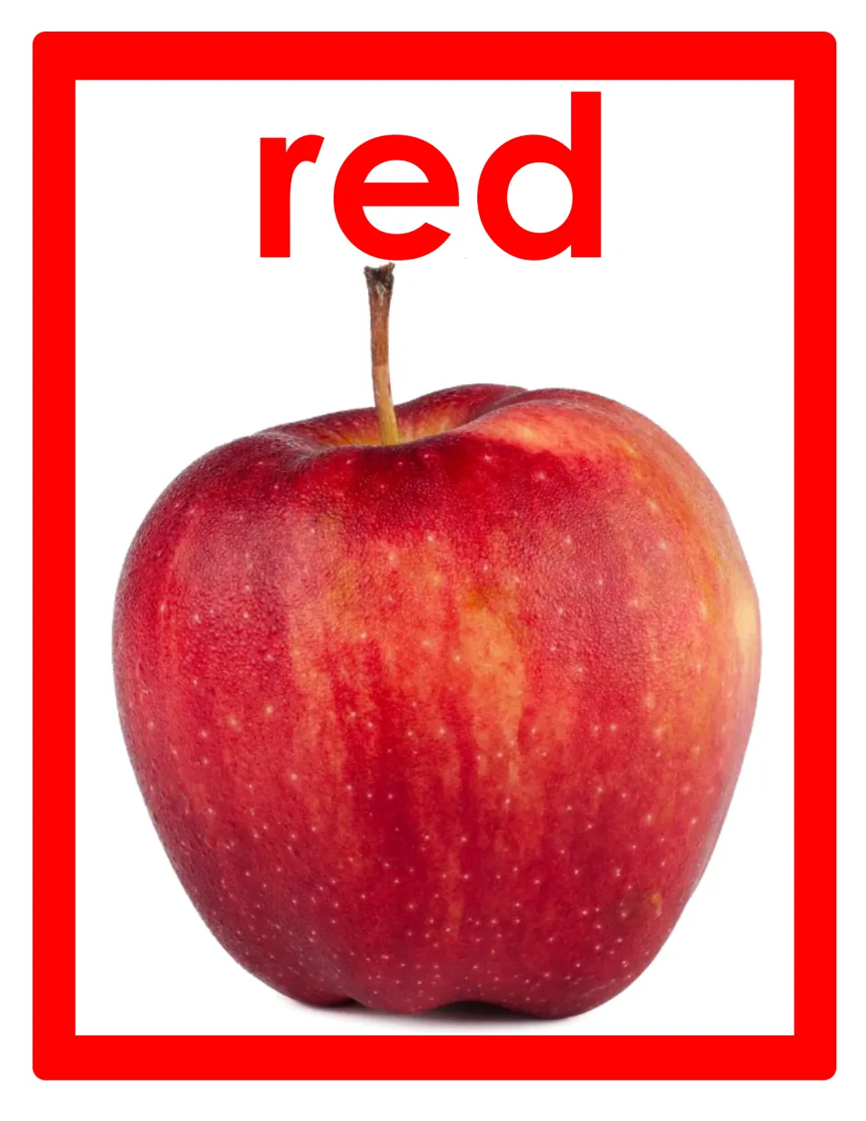 Color word poster for classroom display featuring the lowercase word 'red' and a photograph of a red apple