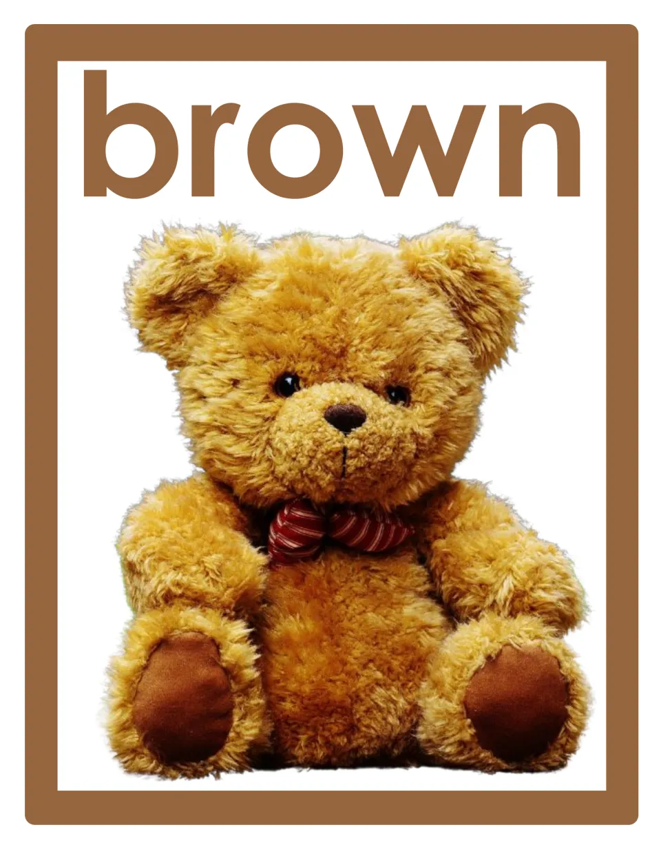 Color word poster for classroom display featuring the lowercase word 'brown' and a seated brown teddy bear