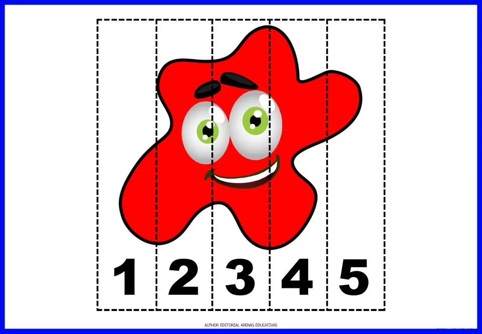 Number puzzle 1 of 9: a red paint splat divided into five cut-apart pieces numbered 1, 2, 3, 4, and 5.
