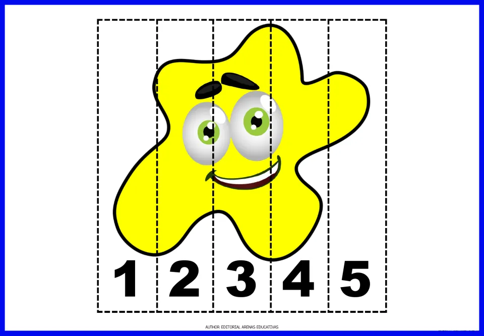 Number puzzle 2 of 9: a yellow paint splat divided into five cut-apart pieces numbered 1, 2, 3, 4, and 5.