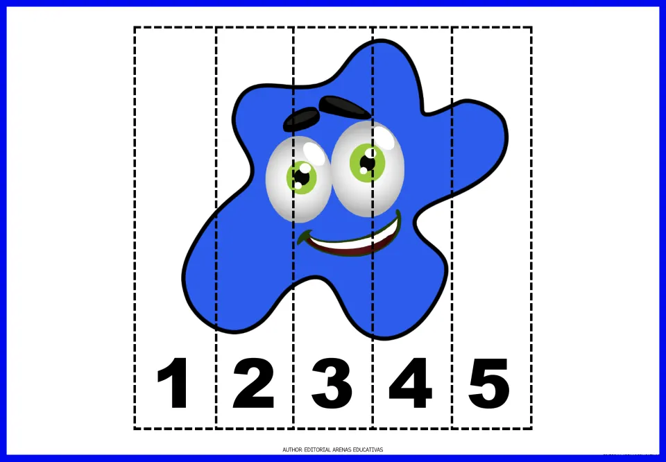 Number puzzle 3 of 9: a blue paint splat divided into five cut-apart pieces numbered 1, 2, 3, 4, and 5.