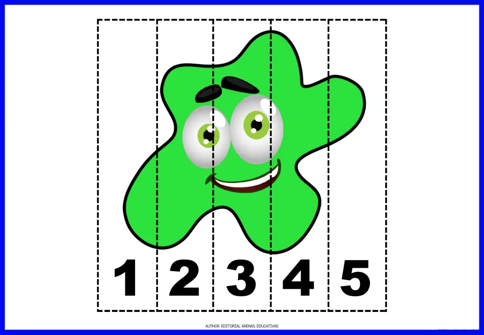 Number puzzle 4 of 9: a green paint splat divided into five cut-apart pieces numbered 1, 2, 3, 4, and 5.