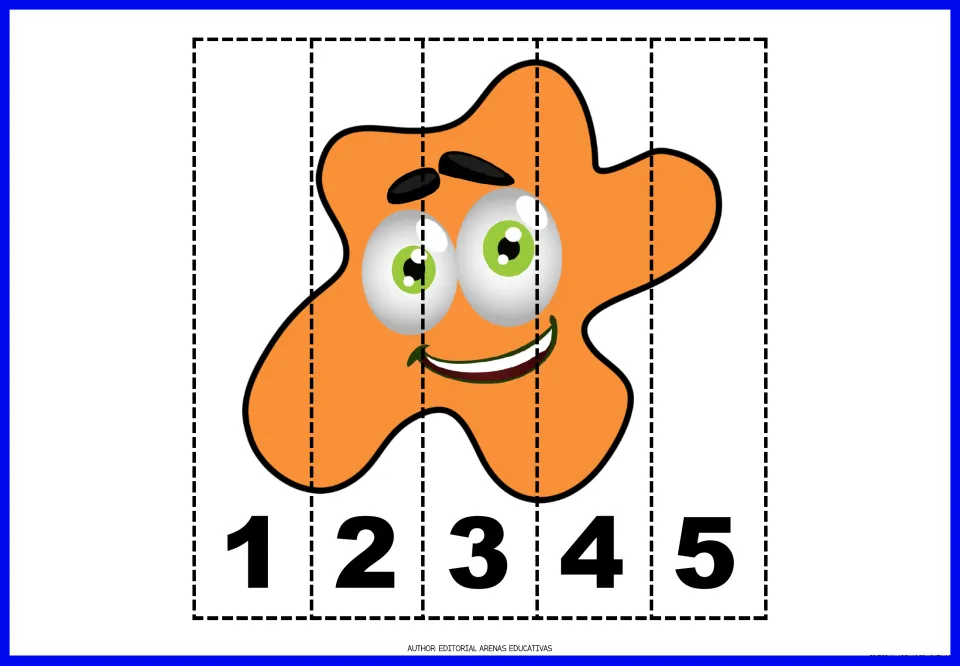 Number puzzle 5 of 9: an orange paint splat divided into five cut-apart pieces numbered 1, 2, 3, 4, and 5.