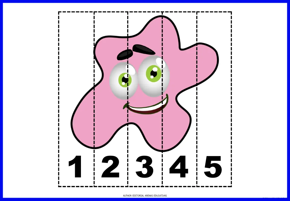 Number puzzle 6 of 9: a light pink paint splat divided into five cut-apart pieces numbered 1, 2, 3, 4, and 5.