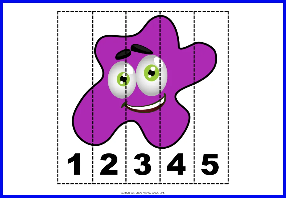 Number puzzle 7 of 9: a purple paint splat divided into five cut-apart pieces numbered 1, 2, 3, 4, and 5.