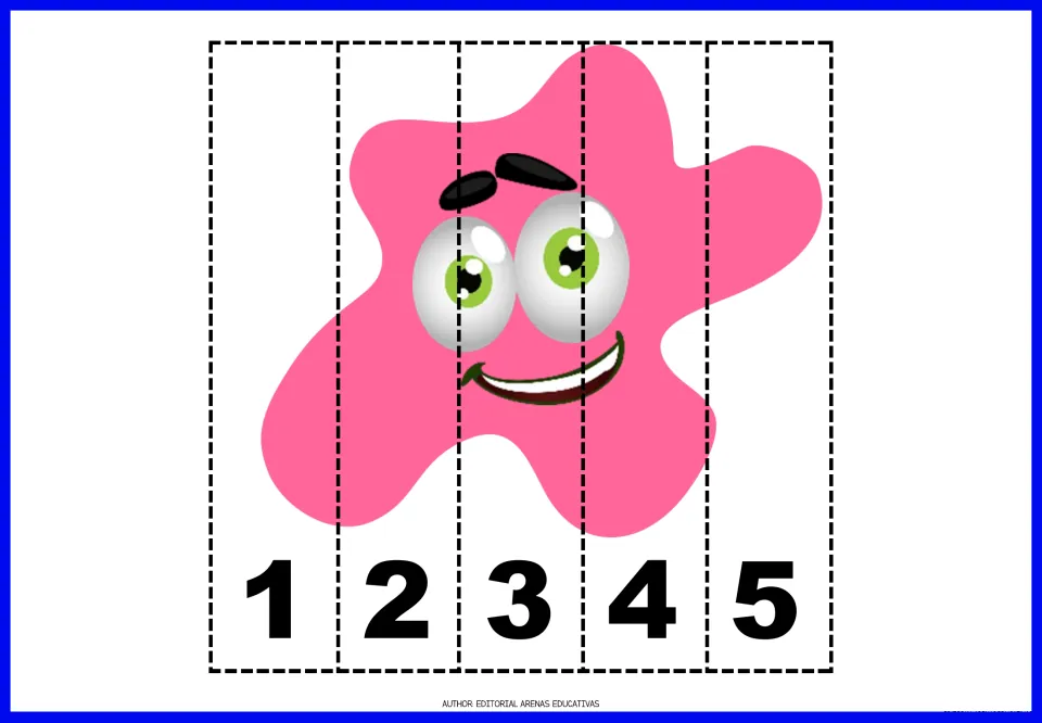 Number puzzle 9 of 9: a bright pink paint splat divided into five cut-apart pieces numbered 1, 2, 3, 4, and 5.