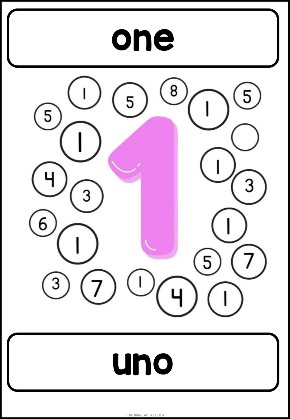 Number 1 coloring activity: 'one' and 'uno' (one), with a large colored 1 and mixed numerals to find matching 1s.