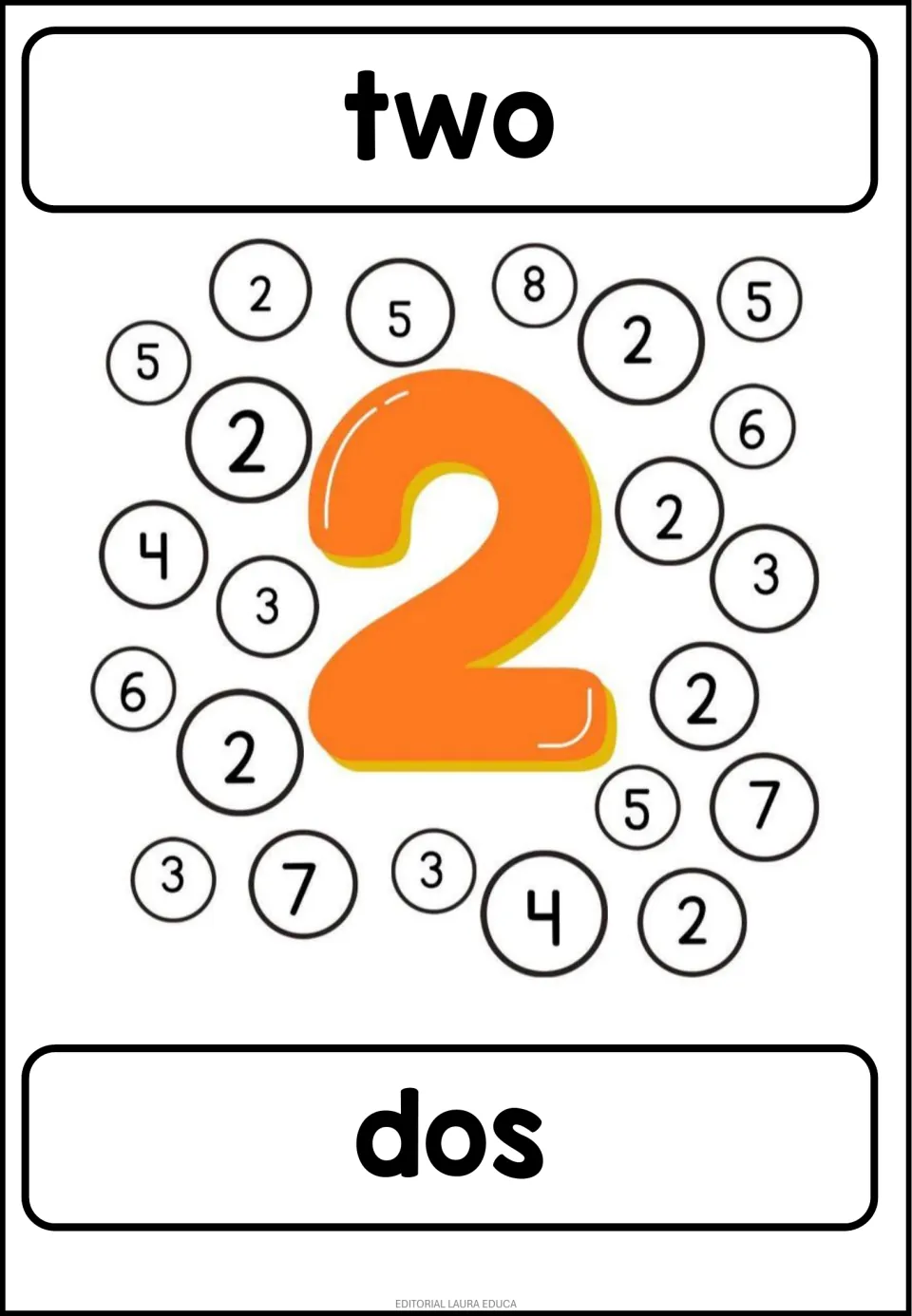 Number 2 coloring activity: 'two' and 'dos' (two), with a large colored 2 and mixed numerals to find matching 2s.