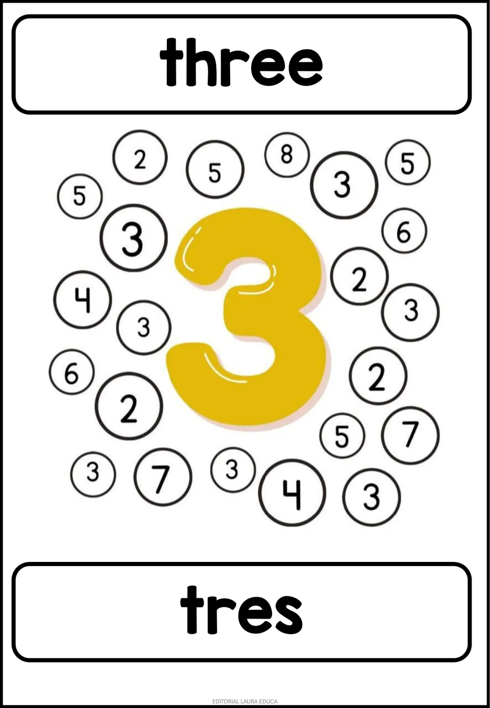 Number 3 coloring activity: 'three' and 'tres' (three), with a large colored 3 and mixed numerals to find matching 3s.