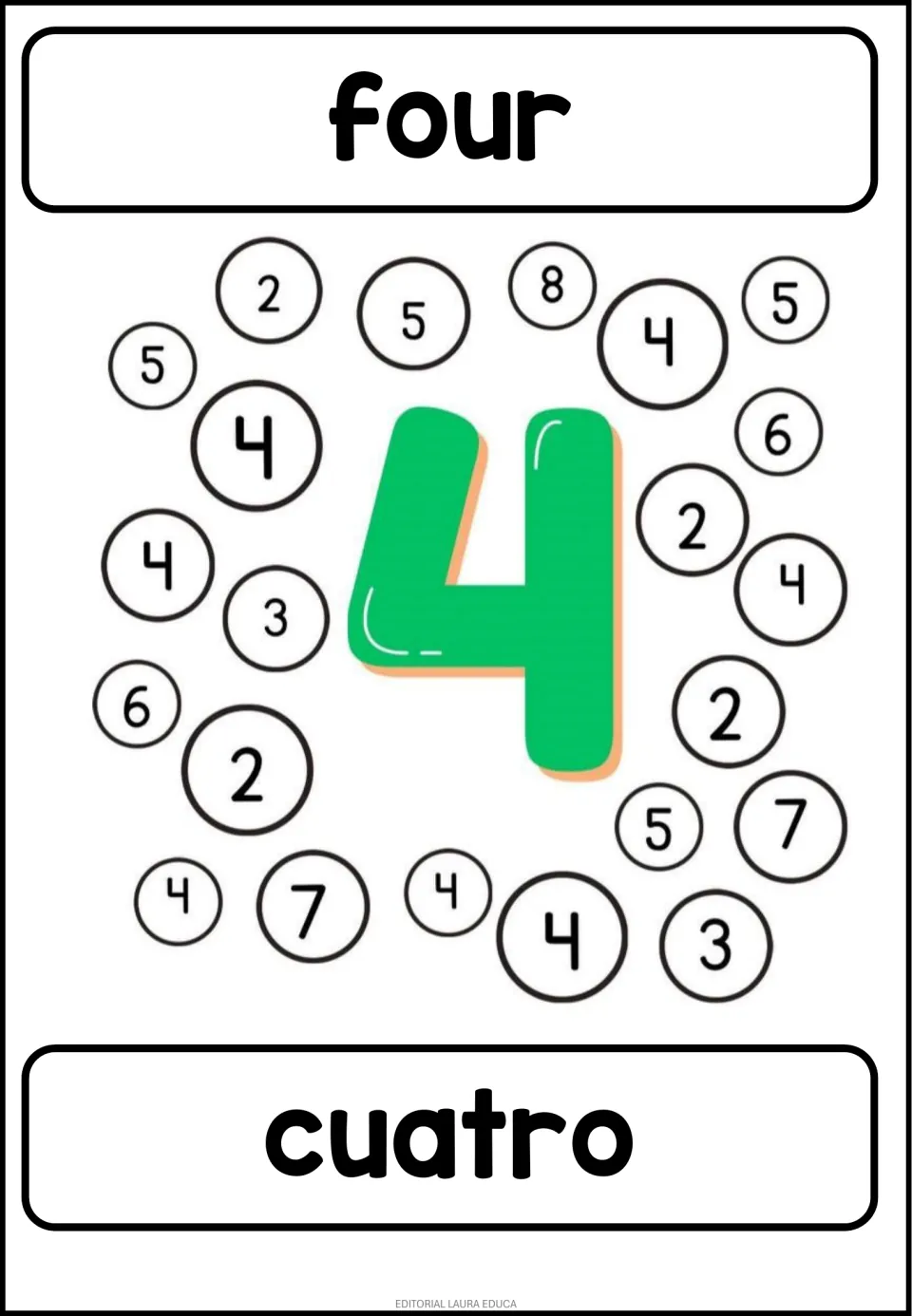 Number 4 coloring activity: 'four' and 'cuatro' (four), with a large colored 4 and mixed numerals to find matching 4s.
