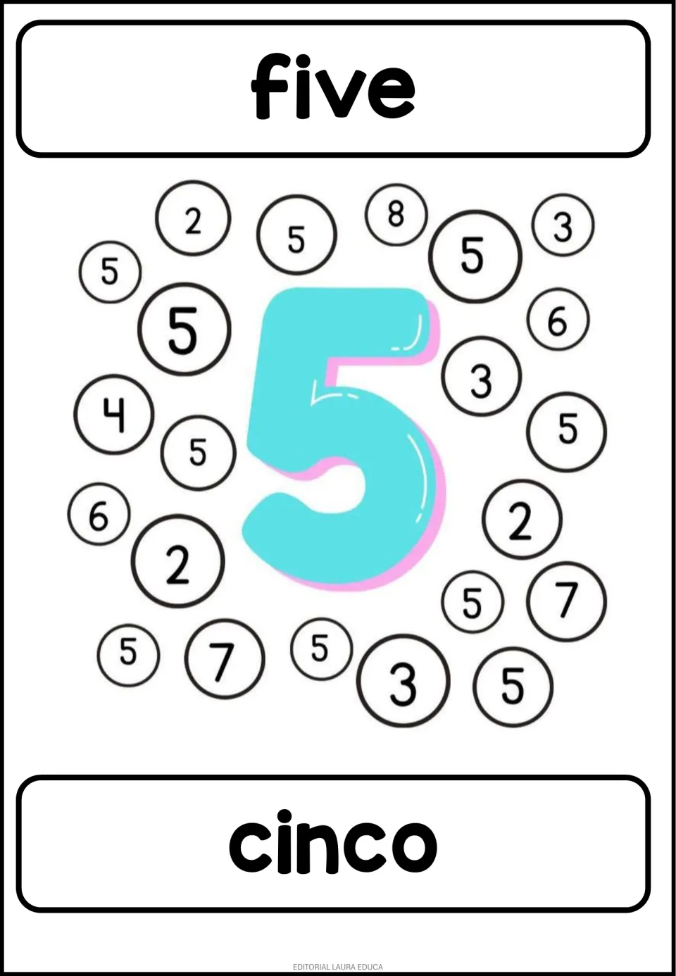 Number 5 coloring activity: 'five' and 'cinco' (five), with a large colored 5 and mixed numerals to find matching 5s.