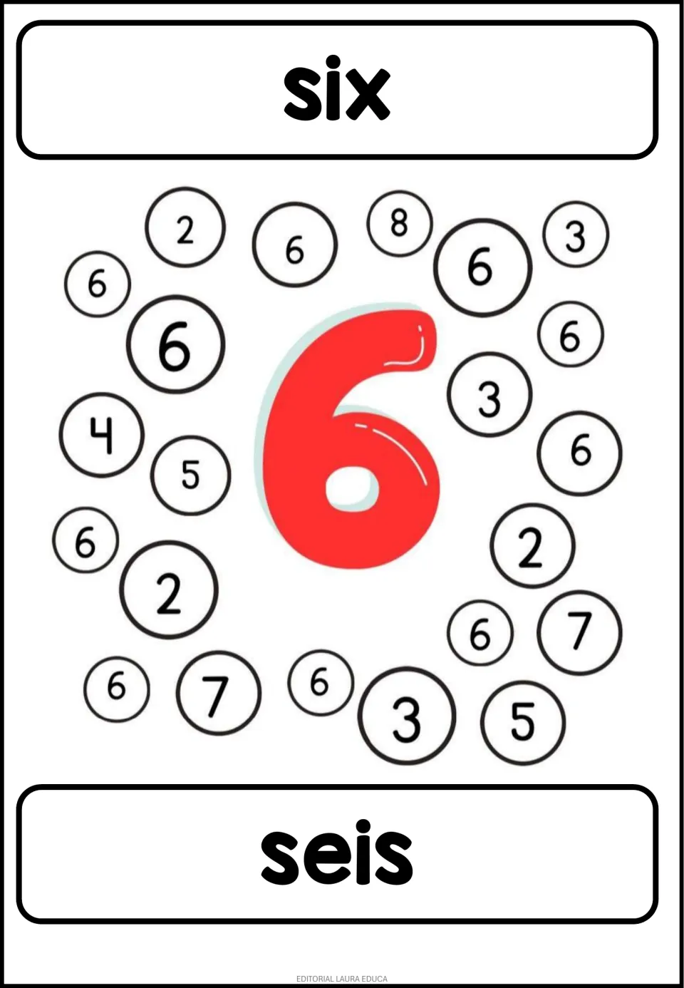 Number 6 coloring activity: 'six' and 'seis' (six), with a large colored 6 and mixed numerals to find matching 6s.