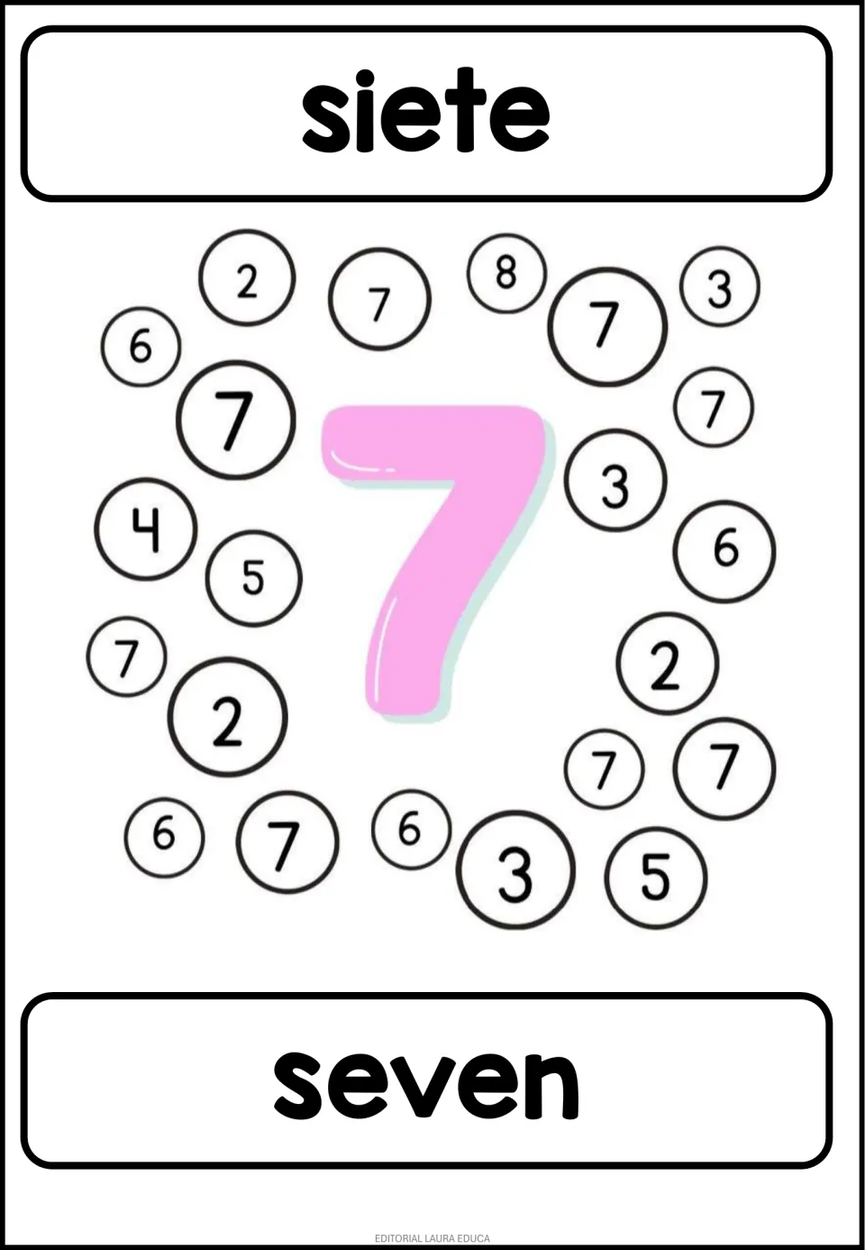 Number 7 coloring activity: 'siete' (seven) and 'seven', with a large colored 7 and mixed numerals to find matching 7s.