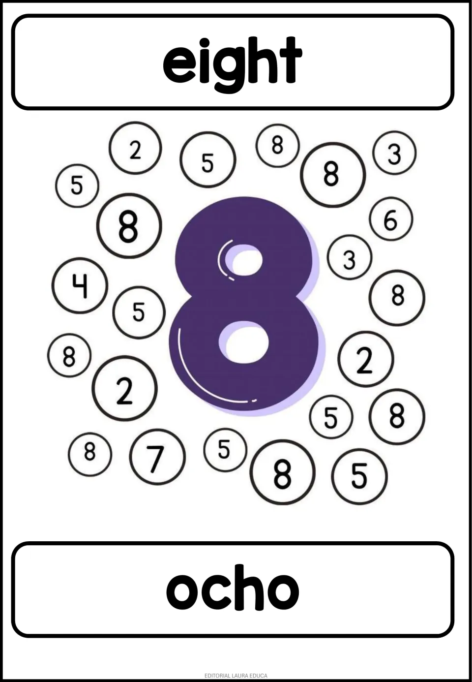 Number 8 coloring activity: 'eight' and 'ocho' (eight), with a large colored 8 and mixed numerals to find matching 8s.