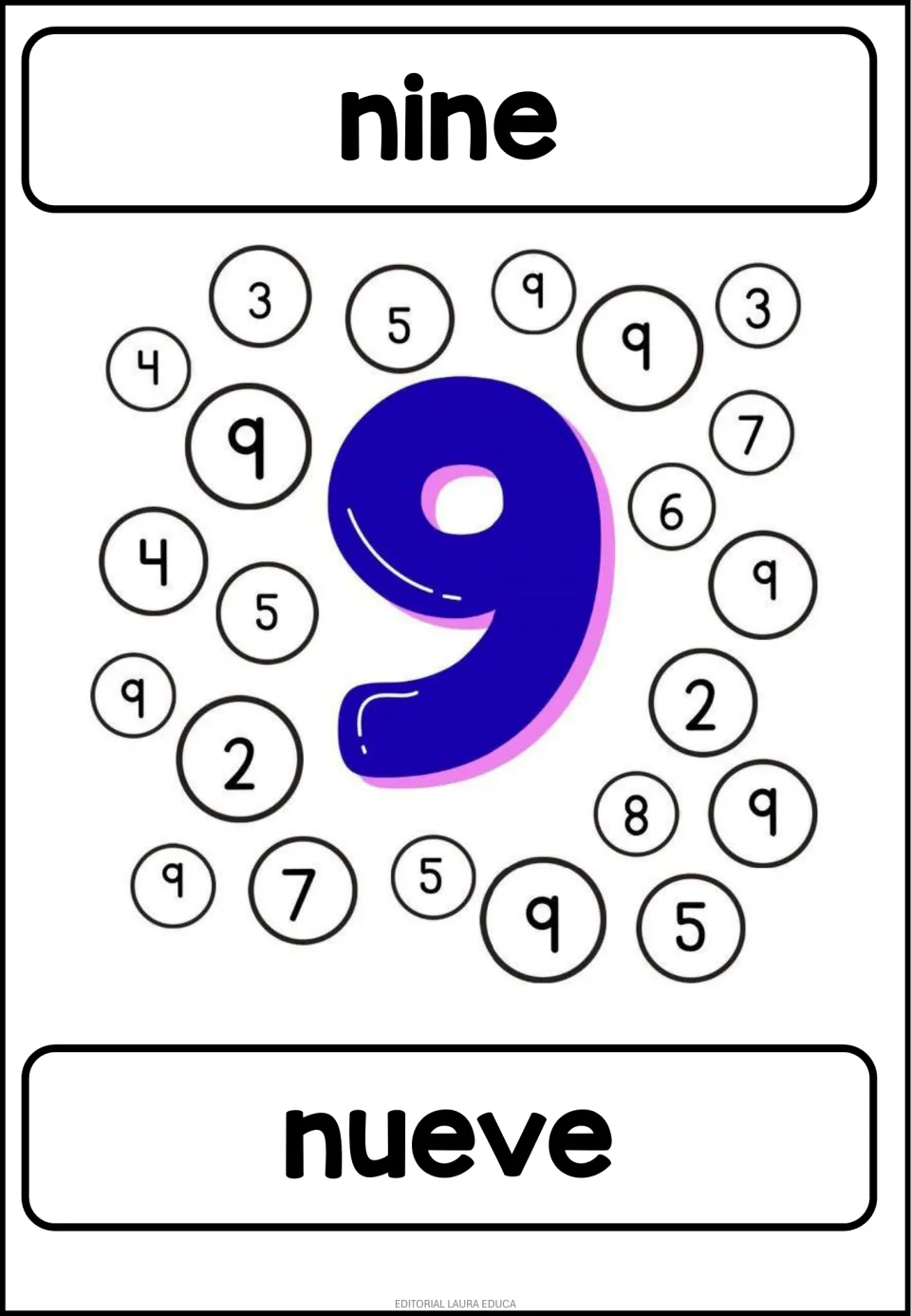 Number 9 coloring activity: 'nine' and 'nueve' (nine), with a large colored 9 and mixed numerals to find matching 9s.