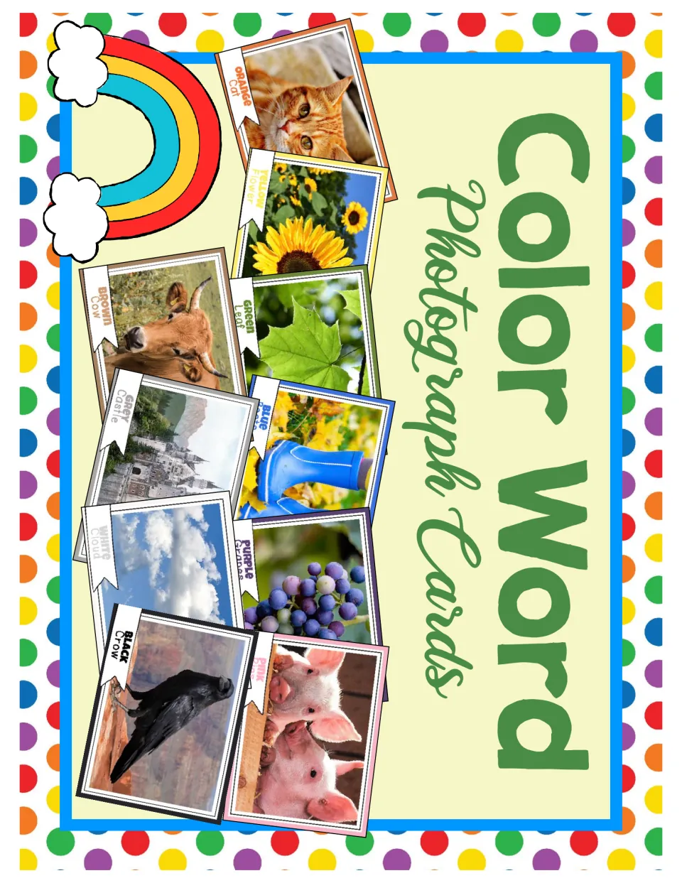 Cover of the color photograph card set, showing sample cards of a cat, flowers, leaf, boots and animals