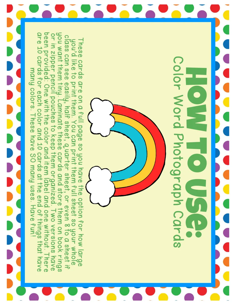 Instructions for the color photograph cards explain print sizes, two label versions, lamination and storage