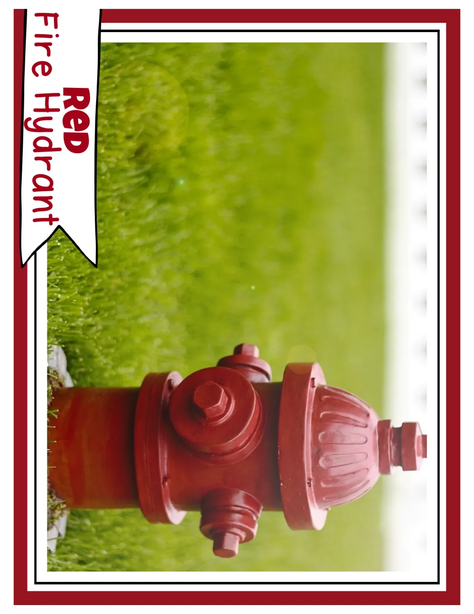 Red color photograph card labeled “Red Fire Hydrant,” showing a red hydrant standing on green grass