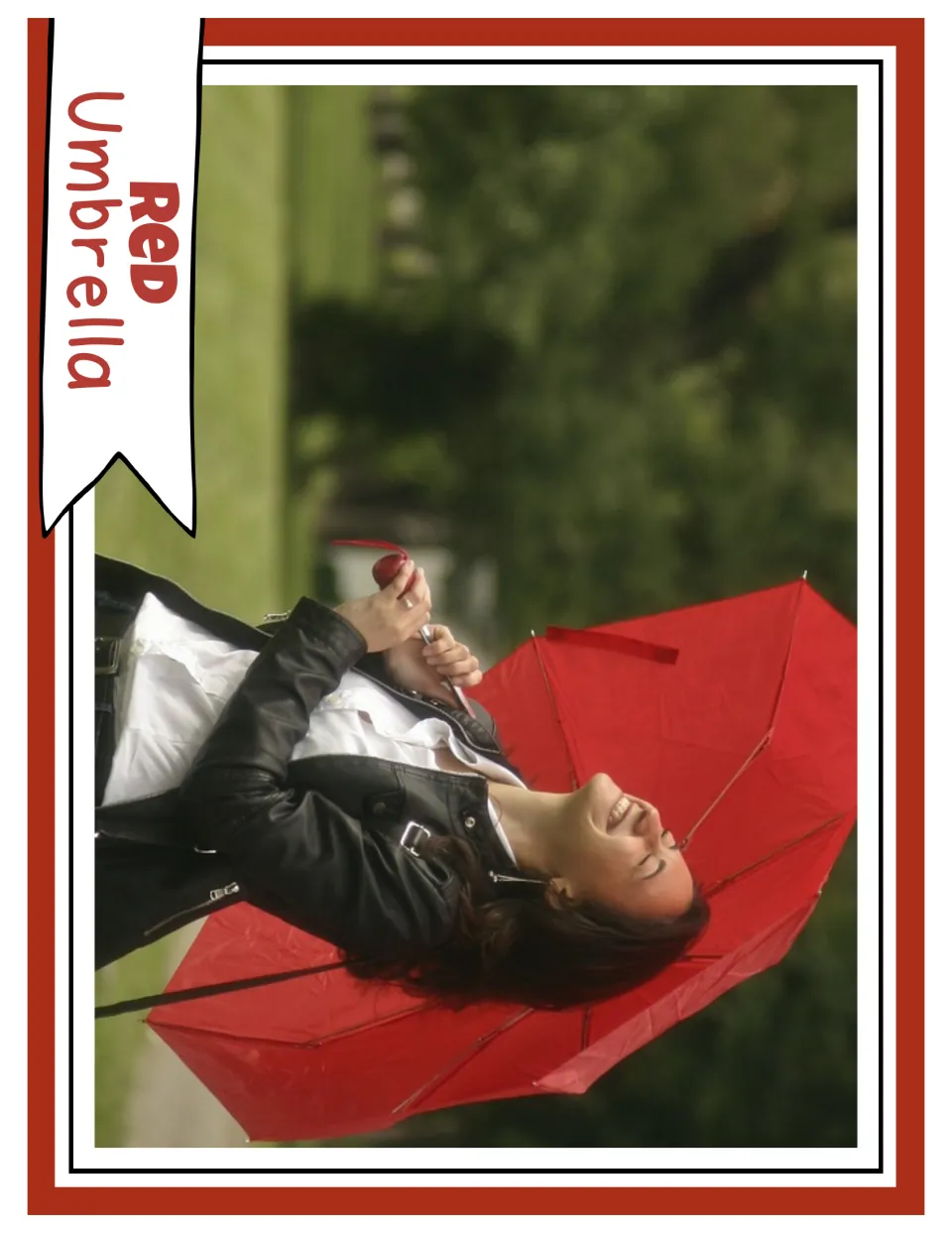 Red color photograph card labeled “Red Umbrella,” showing a person outdoors holding an open red umbrella