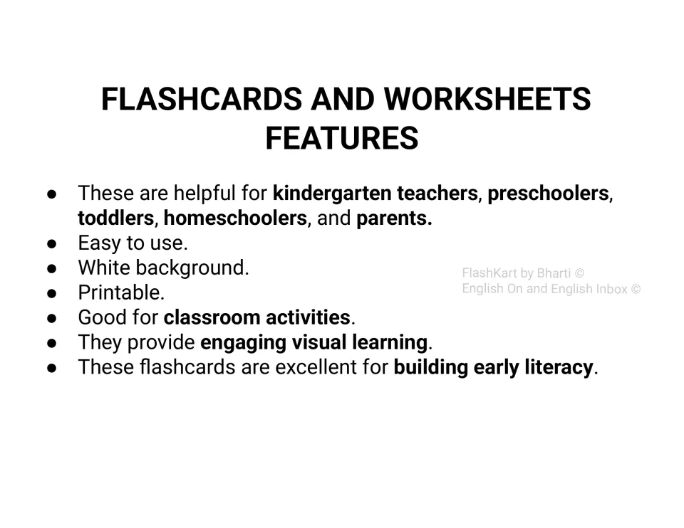 Features overview for the color flashcards and worksheets: printable materials for visual learning and early literacy