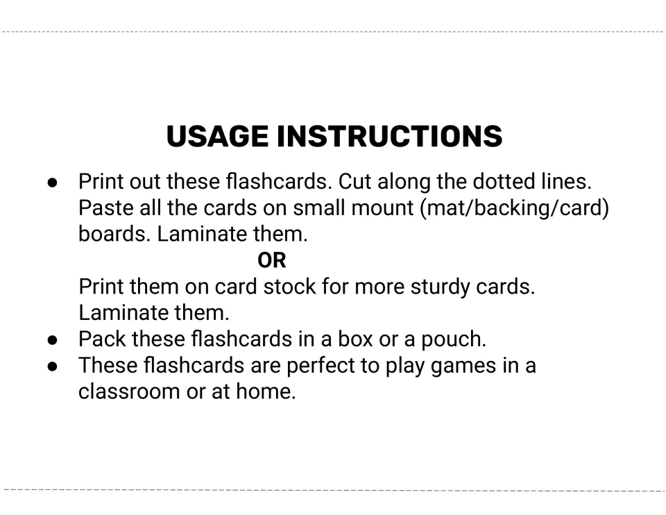 Color flashcard preparation instructions: print, cut, mount or use cardstock, laminate, and store in a box or pouch