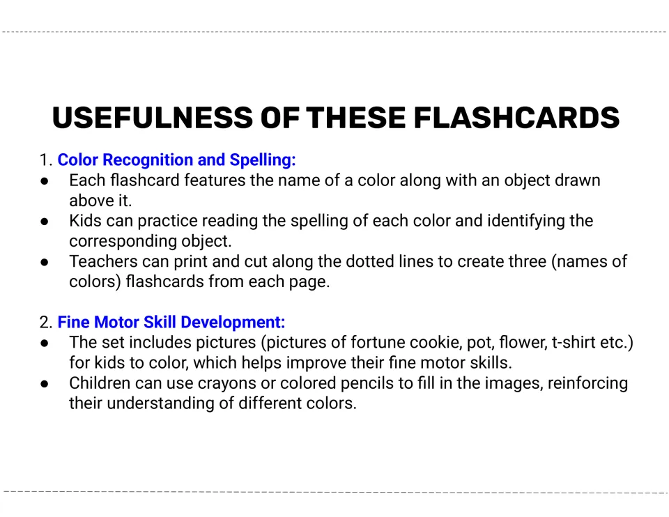Color flashcard guide explains reading color names, identifying pictured objects, and coloring for fine motor practice