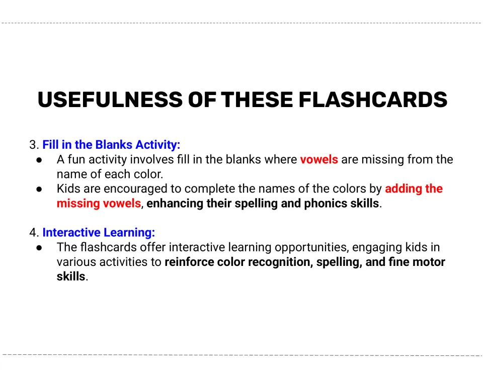 Color resource guide explains adding missing vowels to color names and using flashcards for interactive learning