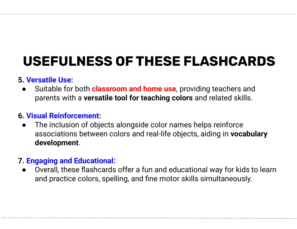 Color flashcard guide describes classroom and home use, color-object associations, and vocabulary development
