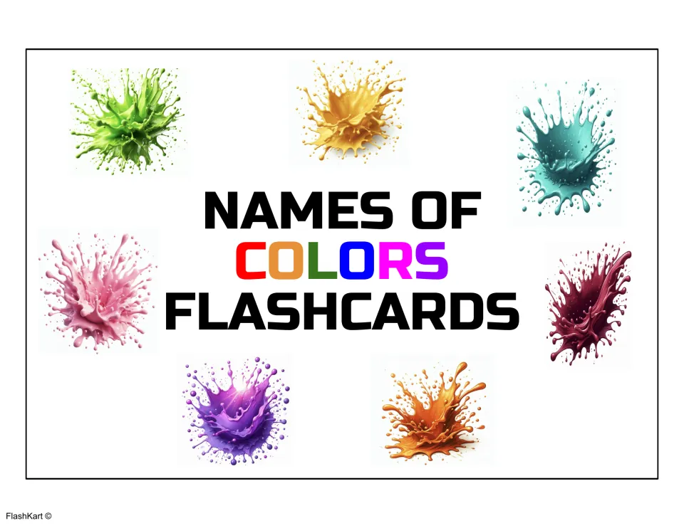 Flashcard section cover labeled Names of Colors Flashcards, introducing the resource's printable color-word cards