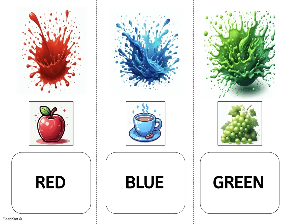 Color flashcards for red, blue, and green pair each word with a paint splash and an apple, cup, or grapes