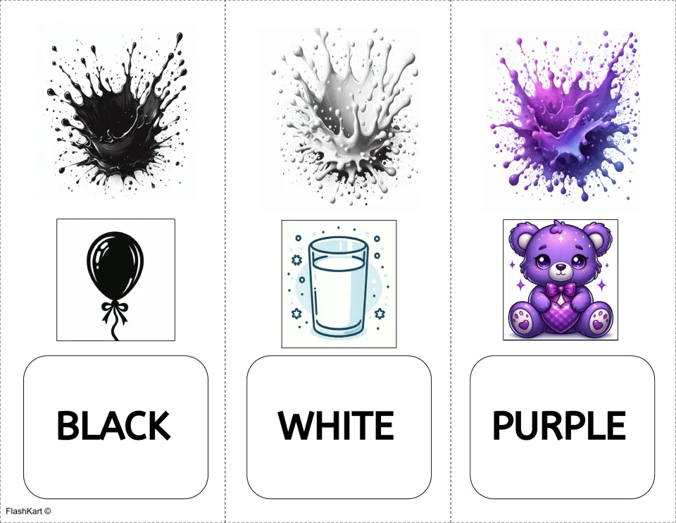 Color flashcards for black, white, and purple show matching paint splashes, a balloon, milk, and a teddy bear