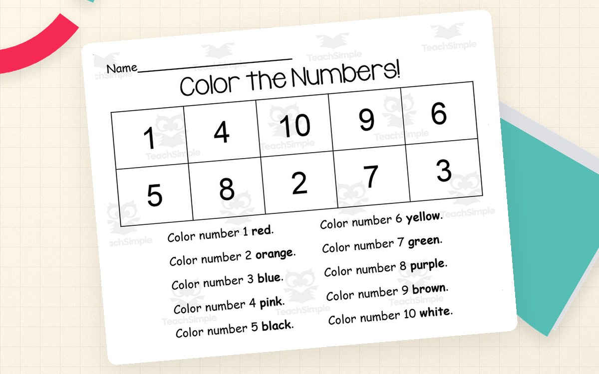 Color the Numbers worksheet with numerals 1 through 10 in a two-row grid and a ten-color direction key.