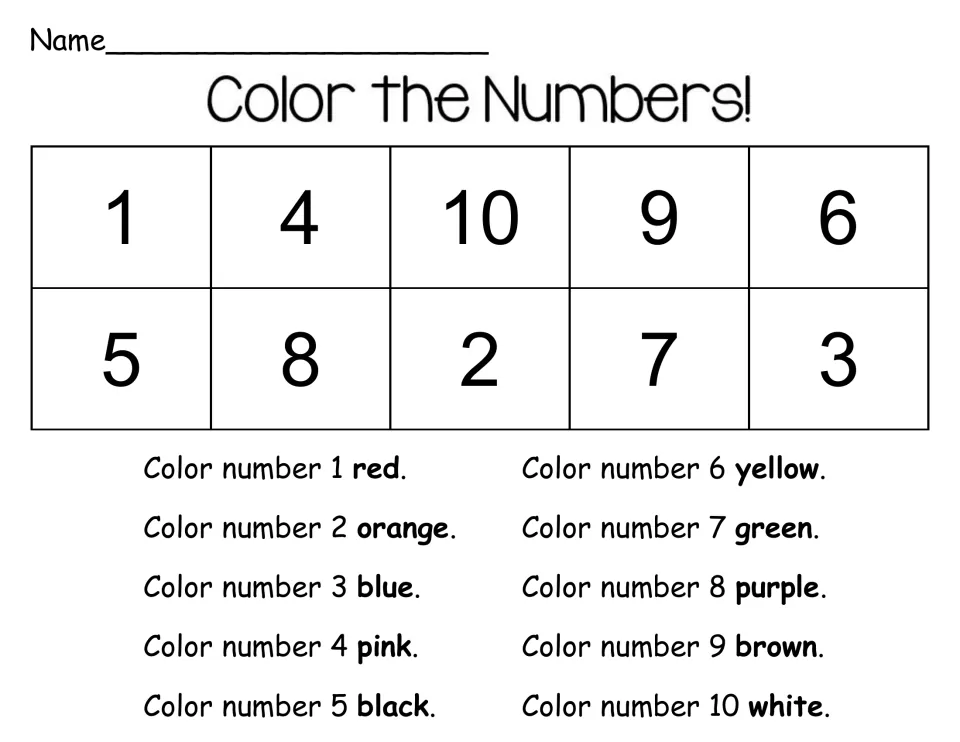 Color the Numbers! number recognition 1 to 10: students color each mixed-up numeral by the key, from 1 red to 10 white
