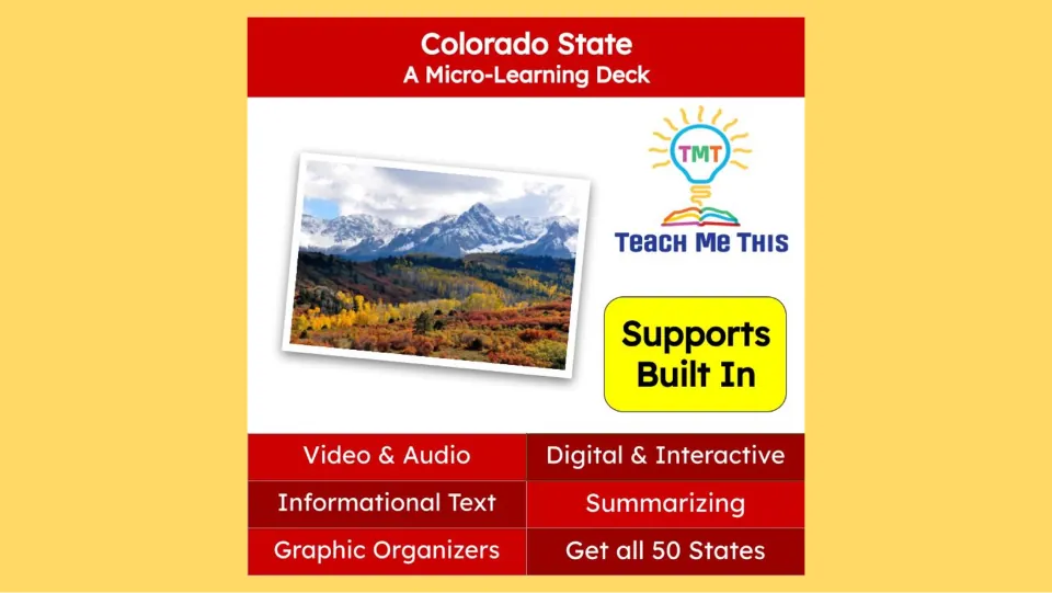Cover of the Colorado micro-learning deck, listing video, audio, informational text and graphic organizers