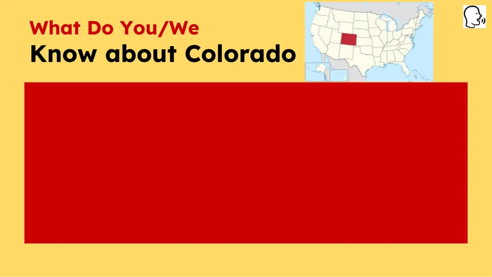 Prior-knowledge slide asking “What Do You/We Know about Colorado,” with Colorado highlighted on a U.S. map