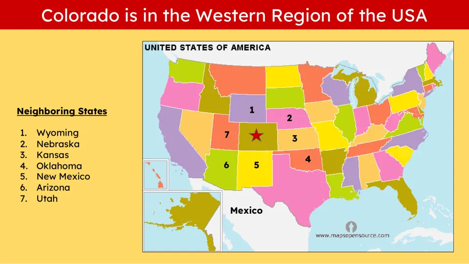 Location slide identifying Colorado in the western USA and naming seven neighboring states on a U.S. map