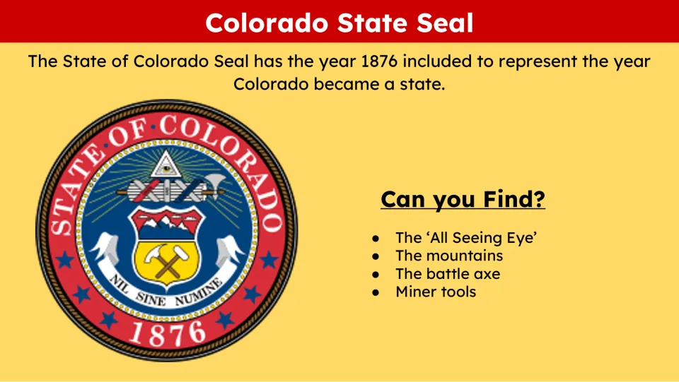 State seal slide linking 1876 to statehood and asking students to find the eye, mountains, axe and miner tools