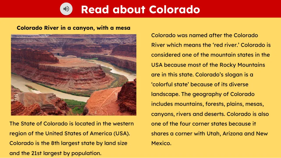 Reading slide about Colorado’s location, size, name, landscapes and Four Corners, with a Colorado River photo