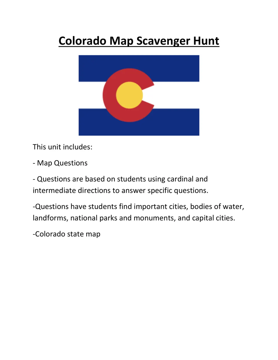 Colorado Map Scavenger Hunt cover with the state flag, listing direction-based map questions and a Colorado state map